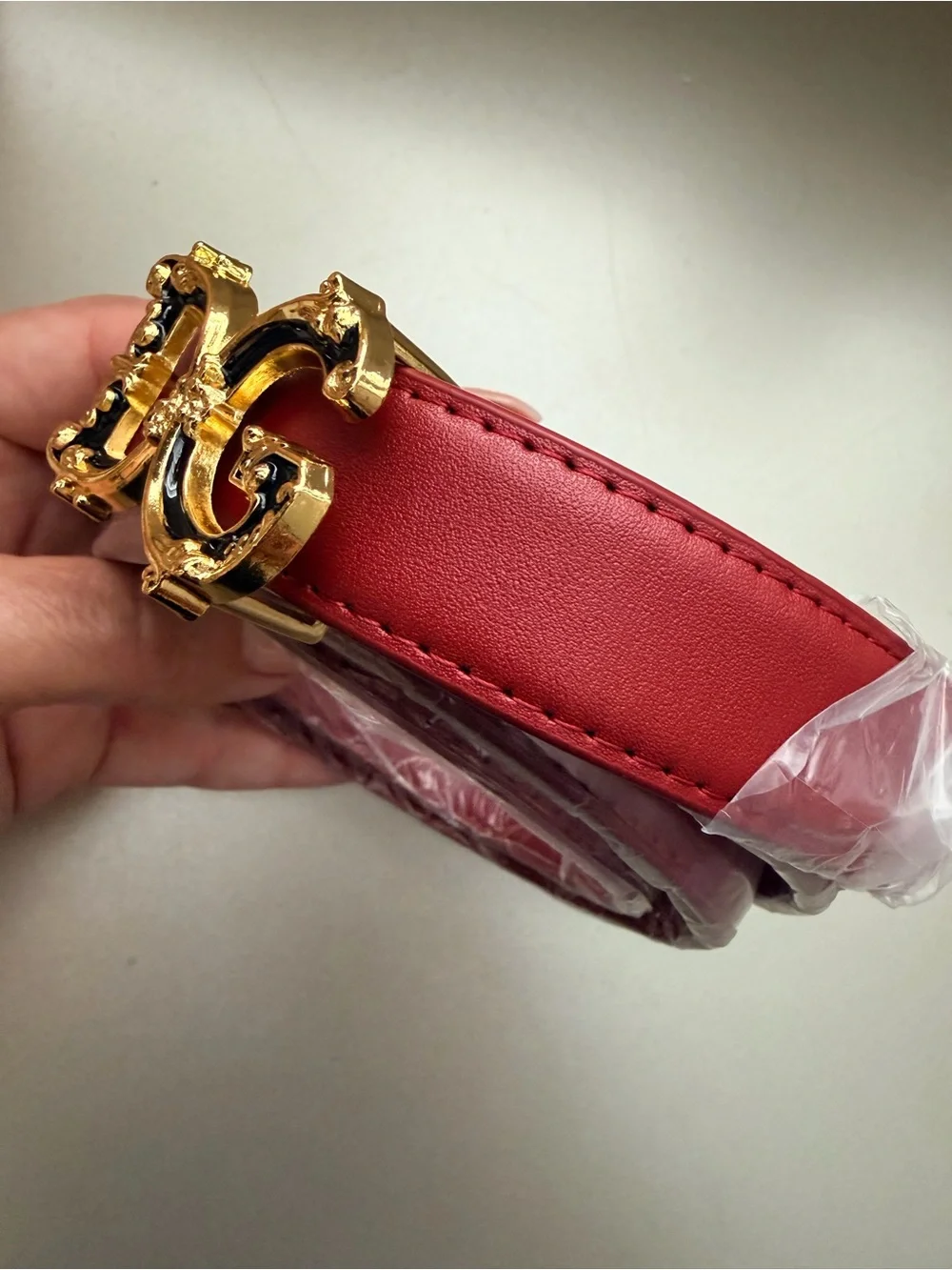 New women’s deep red Leather Belt with Gold DG Buckle - size XL(110cm